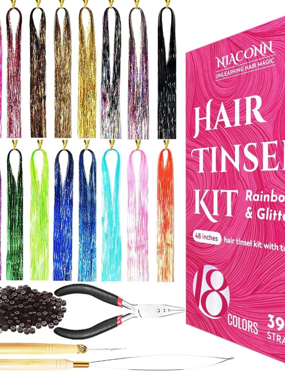 Glitter Hair Tinsel Extensions Kit 18 Colors with Tools and Beads, 48 Inch Spark